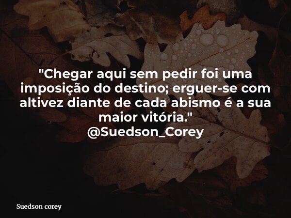 "Chegar aqui sem pedir foi uma imposição do destino; erguer-se com altivez diante de cada abismo é a sua maior vitória." @Suedson_Corey... Frase de Suedson corey.