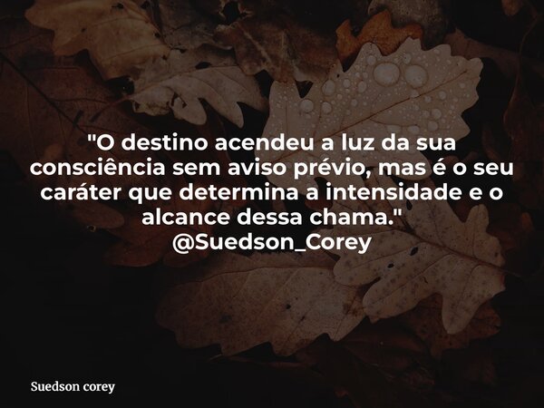 "O destino acendeu a luz da sua consciência sem aviso prévio, mas é o seu caráter que determina a intensidade e o alcance dessa chama." @Suedson_Corey... Frase de Suedson corey.