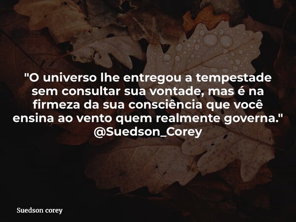 "O universo lhe entregou a tempestade sem consultar sua vontade, mas é na firmeza da sua consciência que você ensina ao vento quem realmente governa."... Frase de Suedson corey.