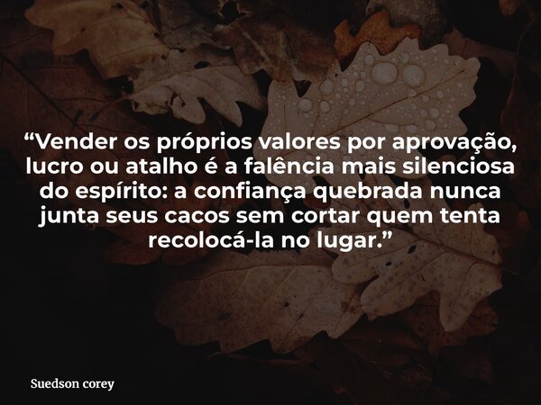 “Vender os próprios valores por aprovação, lucro ou atalho é a falência mais silenciosa do espírito: a confiança quebrada nunca junta seus cacos sem cortar quem... Frase de Suedson corey.