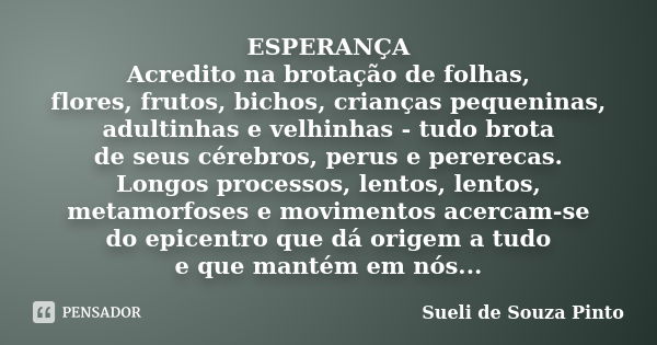 ESPERANÇA Acredito na brotação de folhas, flores, frutos, bichos, crianças pequeninas, adultinhas e velhinhas - tudo brota de seus cérebros, perus e pererecas. ... Frase de Sueli de Souza Pinto.