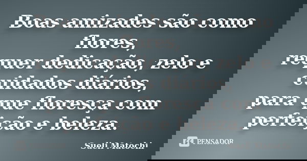 Boas amizades são como flores, requer dedicação, zelo e cuidados diários, para que floresça com perfeição e beleza.... Frase de Sueli Matochi.