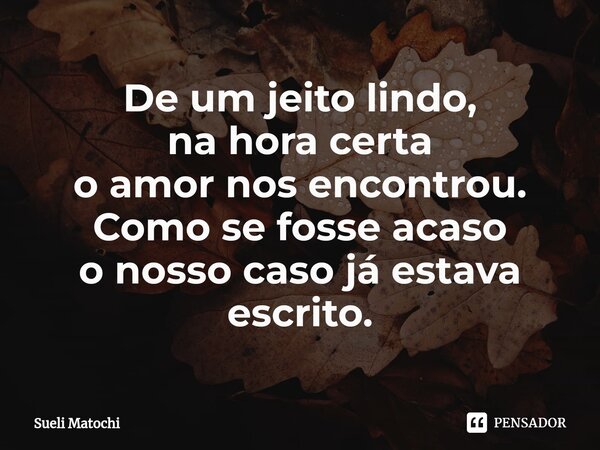 ⁠De um jeito lindo, na hora certa o amor nos encontrou. Como se fosse acaso o nosso caso já estava escrito.... Frase de Sueli Matochi.