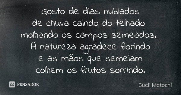 Gosto de dias nublados de chuva caindo do telhado molhando os campos semeados. A natureza agradece florindo e as mãos que semeiam colhem os frutos sorrindo.... Frase de Sueli Matochi.