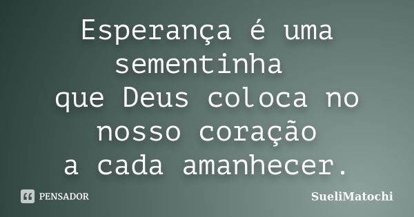 Esperança é uma sementinha que Deus coloca no nosso coração a cada amanhecer.... Frase de SueliMatochi.