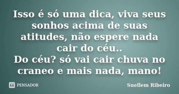 Isso é só uma dica, viva seus sonhos acima de suas atitudes, não espere nada cair do céu.. Do céu? só vai cair chuva no craneo e mais nada, mano!... Frase de Suellem Ribeiro..