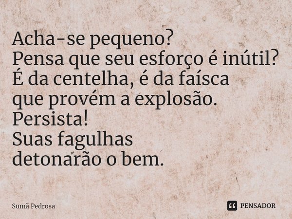 ⁠Acha-se pequeno?
Pensa que seu esforço é inútil?
É da centelha, é da faísca
que provém a explosão.
Persista!
Suas fagulhas
detonarão o bem.... Frase de Sumã Pedrosa.