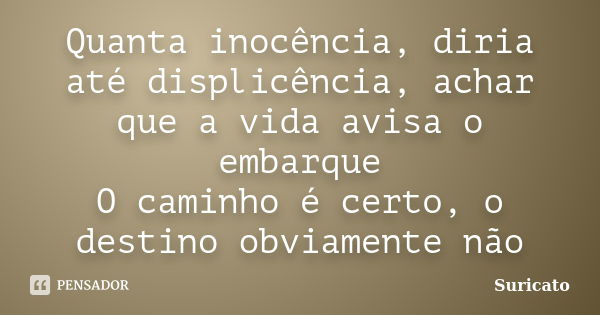 Quanta inocência, diria até displicência, achar que a vida avisa o embarque O caminho é certo, o destino obviamente não... Frase de Suricato.