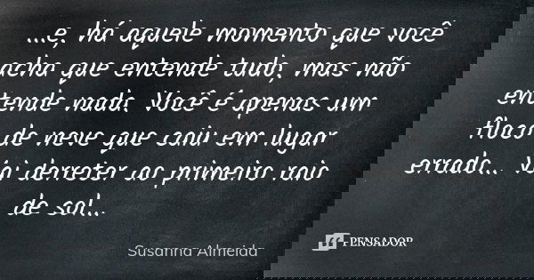 ...e, há aquele momento que você acha que entende tudo, mas não entende nada. Você é apenas um floco de neve que caiu em lugar errado... Vai derreter ao primeir... Frase de Susanna Almeida.