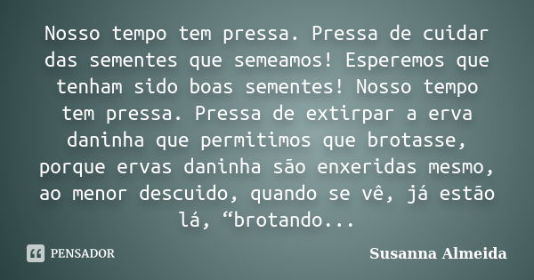 Nosso tempo tem pressa. Pressa de cuidar das sementes que semeamos! Esperemos que tenham sido boas sementes! Nosso tempo tem pressa. Pressa de extirpar a erva d... Frase de Susanna Almeida.