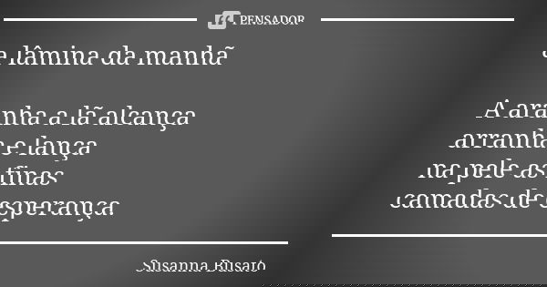 a lâmina da manhã A aranha a lã alcança
arranha e lança
na pele as finas
camadas de esperança.... Frase de Susanna Busato.