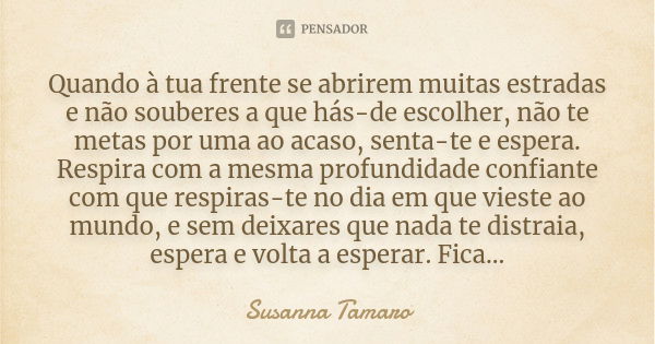 Quando à tua frente se abrirem muitas estradas e não souberes a que hás-de escolher, não te metas por uma ao acaso, senta-te e espera. Respira com a mesma profu... Frase de Susanna Tamaro.