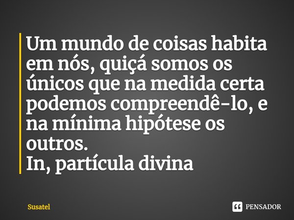 ⁠Um mundo de coisas habita em nós, quiçá somos os únicos que na medida certa podemos compreendê-lo, e na mínima hipótese os outros.
In, partícula divina... Frase de Susatel.
