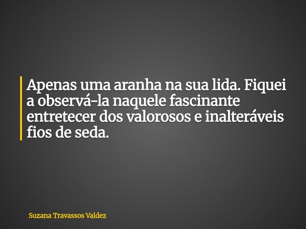 Apenas uma aranha na sua lida. Fiquei a observá-la naquele fascinante entretecer dos valorosos e inalteráveis fios de seda.... Frase de Suzana Travassos Valdez.