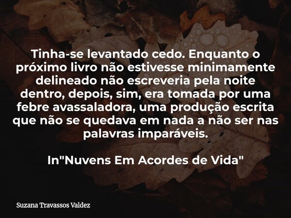 Tinha-se levantado cedo. Enquanto o próximo livro não estivesse minimamente delineado não escreveria pela noite dentro, depois, sim, era tomada por uma febre av... Frase de Suzana Travassos Valdez.