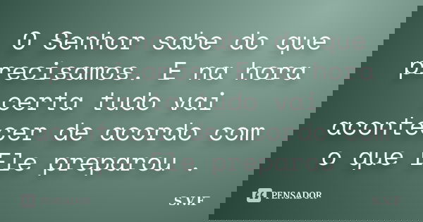 O Senhor sabe do que precisamos. E na hora certa tudo vai acontecer segundo o que Ele preparou.... Frase de S.V.F.