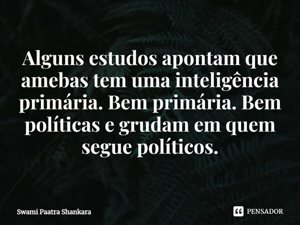 ⁠Alguns estudos apontam que amebas tem uma inteligência primária. Bem primária. Bem políticas e grudam em quem segue políticos.... Frase de Swami Paatra Shankara.