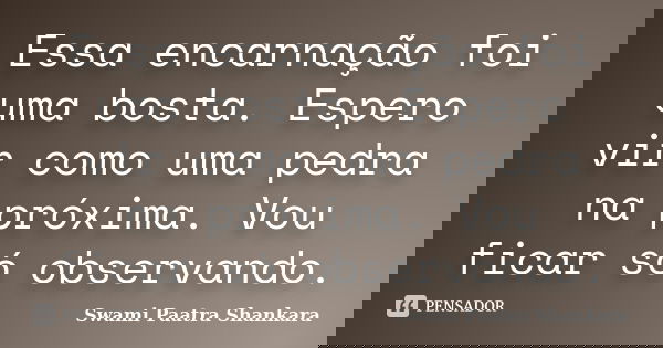 Essa encarnação foi uma bosta. Espero vir como uma pedra na próxima. Vou ficar só observando.... Frase de Swami Paatra Shankara.