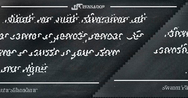 Nada na vida funciona da forma como a gente pensa. Se conforme e curta o que tem pra hoje.... Frase de Swami Paatra Shankara.