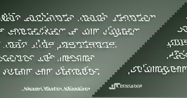 Não adianta nada tentar se encaixar a um lugar que não lhe pertence. Pássaros de mesma plumagem voam em bandos.... Frase de Swami Paatra Shankara.