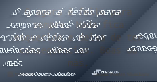 O agora é feito para sempre. Nada fica esquecido e deixa de ter consequências. Boas ou más.... Frase de Swami Paatra Shankara.