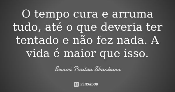 O tempo cura e arruma tudo, até o que deveria ter tentado e não fez nada. A vida é maior que isso.... Frase de Swami Paatra Shankara.