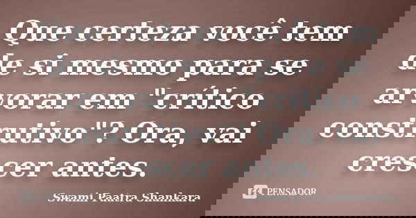 Que certeza você tem de si mesmo para se arvorar em "crítico construtivo"? Ora, vai crescer antes.... Frase de Swami Paatra Shankara.