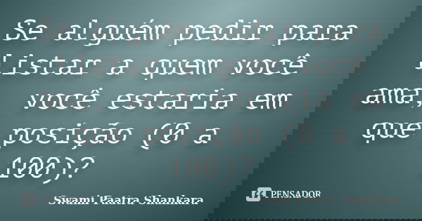Se alguém pedir para listar a quem você ama, você estaria em que posição (0 a 100)?... Frase de Swami Paatra Shankara.