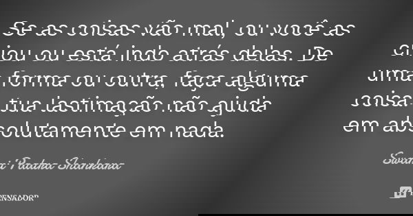Se as coisas vão mal, ou você as criou ou está indo atrás delas. De uma forma ou outra, faça alguma coisa: tua lastimação não ajuda em absolutamente em nada.... Frase de Swami Paatra Shankara.