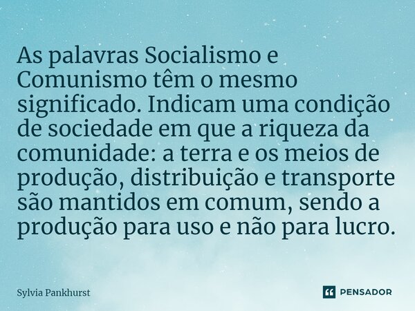 ⁠As palavras Socialismo e Comunismo têm o mesmo significado. Indicam uma condição de sociedade em que a riqueza da comunidade: a terra e os meios de produção, d... Frase de Sylvia Pankhurst.