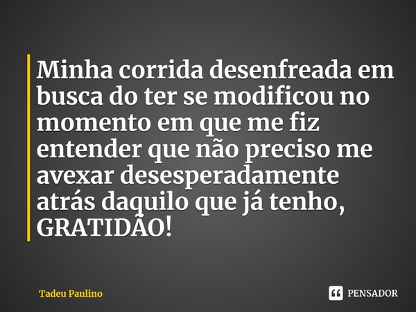 ⁠Minha corrida desenfreada em busca do ter se modificou no momento em que me fiz entender que não preciso me avexar desesperadamente atrás daquilo que já tenho,... Frase de Tadeu Paulino.