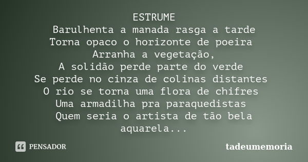 ESTRUME Barulhenta a manada rasga a tarde Torna opaco o horizonte de poeira Arranha a vegetação, A solidão perde parte do verde Se perde no cinza de colinas dis... Frase de tadeumemoria.