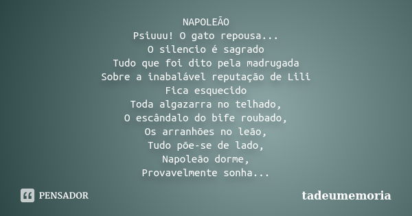 NAPOLEÃO Psiuuu! O gato repousa... O silencio é sagrado Tudo que foi dito pela madrugada Sobre a inabalável reputação de Lili Fica esquecido Toda algazarra no t... Frase de tadeumemoria.