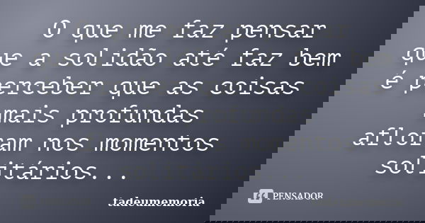 O que me faz pensar que a solidão até faz bem é perceber que as coisas mais profundas afloram nos momentos solitários...... Frase de tadeumemoria.