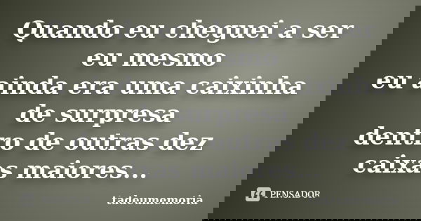 Quando eu cheguei a ser eu mesmo eu ainda era uma caixinha de surpresa dentro de outras dez caixas maiores...... Frase de tadeumemoria.