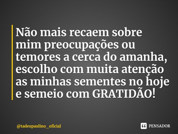 ⁠Não mais recaem sobre mim preocupações ou temores a cerca do amanha, escolho com muita atenção as minhas sementes no hoje e semeio com GRATIDÃO!... Frase de tadeupaulino_oficial.