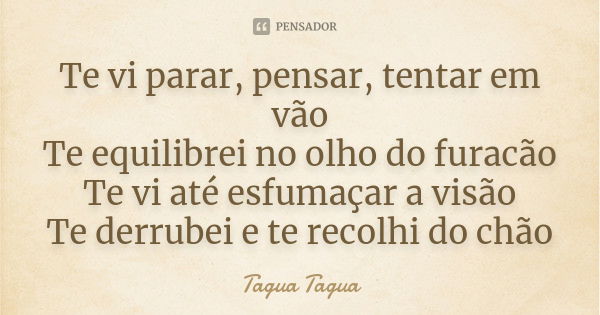 Te vi parar, pensar, tentar em vão Te equilibrei no olho do furacão Te vi até esfumaçar a visão Te derrubei e te recolhi do chão... Frase de Tagua Tagua.