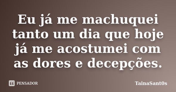 Eu já me machuquei tanto um dia que hoje já me acostumei com as dores e decepções.... Frase de TainaSant0s.