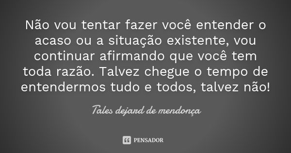 Não vou tentar fazer você entender o acaso ou a situação existente, vou continuar afirmando que você tem toda razão. Talvez chegue o tempo de entendermos tudo e... Frase de Tales Dejard de Mendonça.