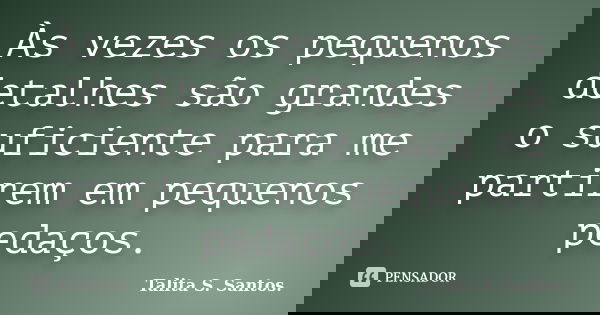Às vezes os pequenos detalhes são grandes o suficiente para me partirem em pequenos pedaços.... Frase de Talita S. Santos..