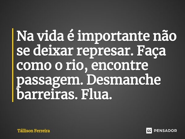 ⁠Na vida é importante não se deixar represar. Faça como o rio, encontre passagem. Desmanche barreiras. Flua.... Frase de Tallison Ferreira.