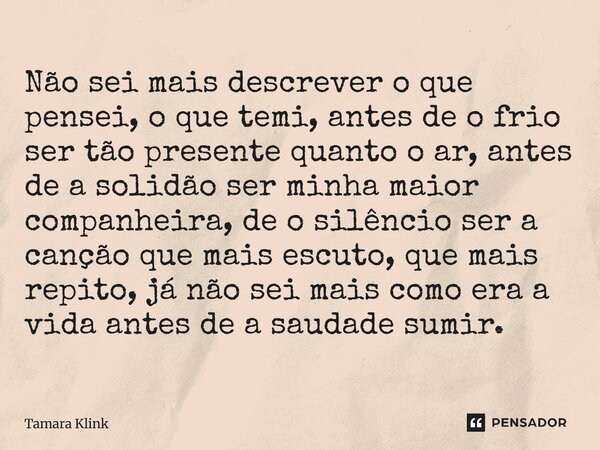 Não sei mais descrever o que pensei, o que temi, antes de o frio ser tão presente quanto o ar, antes de a solidão ser minha maior companheira, de o silêncio se... Frase de Tamara Klink.