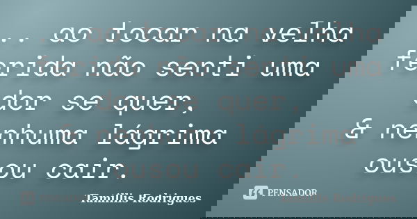 .. ao tocar na velha ferida não senti uma dor se quer, & nenhuma lágrima ousou cair.... Frase de Tamillis Rodrigues.