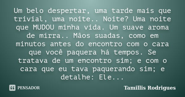 Um belo despertar, uma tarde mais que trivial, uma noite.. Noite? Uma noite que MUDOU minha vida. Um suave aroma de mírra.. Mãos suadas, como em minutos antes d... Frase de Tamillis Rodrigues.