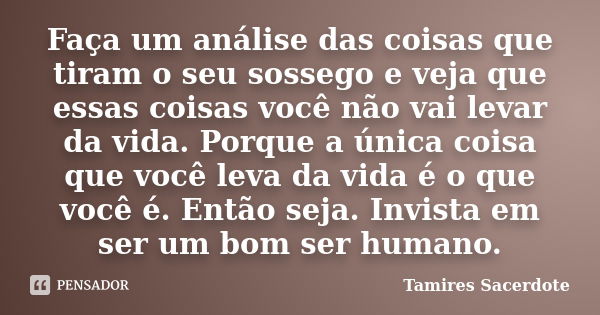 Faça um análise das coisas que tiram o seu sossego e veja que essas coisas você não vai levar da vida. Porque a única coisa que você leva da vida é o que você é... Frase de Tamires Sacerdote.