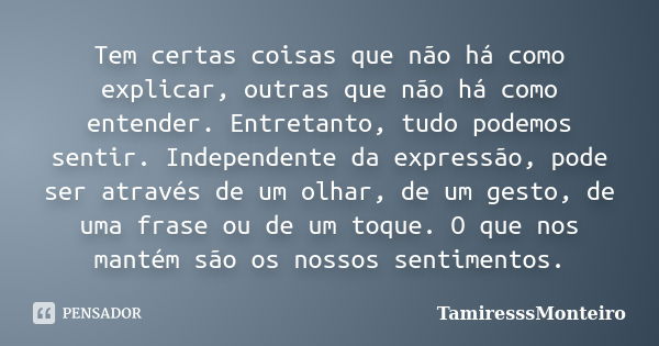 Tem certas coisas que não há como explicar, outras que não há como entender. Entretanto, tudo podemos sentir. Independente da expressão, pode ser através de um ... Frase de TamiresssMonteiro.