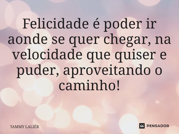 Felicidade é poder ir aonde se quer chegar, na velocidade que quiser e puder, aproveitando o caminho! ⁠... Frase de TAMMY LALIÊR.