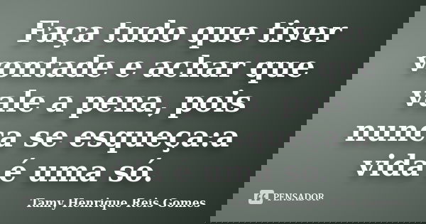 Faça tudo que tiver vontade e achar que vale a pena, pois nunca se esqueça:a vida é uma só.... Frase de Tamy Henrique Reis Gomes.
