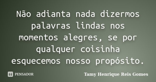 Não adianta nada dizermos palavras lindas nos momentos alegres, se por qualquer coisinha esquecemos nosso propósito.... Frase de Tamy Henrique Reis Gomes.