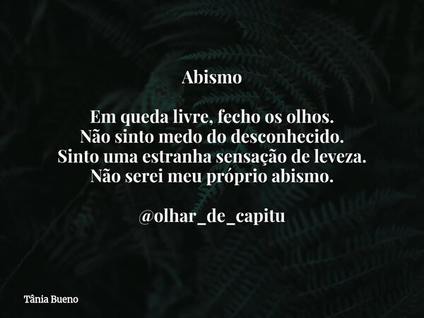 Abismo Em queda livre, fecho os olhos. Não sinto medo do desconhecido. Sinto uma estranha sensação de leveza. Não serei meu próprio abismo. ⁠ @olhar_de_capitu... Frase de Tânia Bueno.